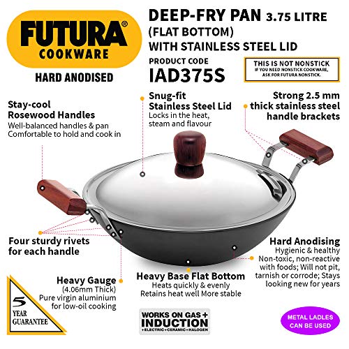 Hawkins Futura 3.75 Litre Deep Fry Pan, Hard Anodised Kadai with Stainless Steel Lid, Flat Bottom Induction Kadhai, Black (IAD375S)