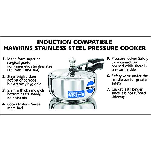 Hawkins 2 Litre Pressure Cooker, Stainless Steel Inner Lid Cooker, Induction Cooker, Silver (HSS20)