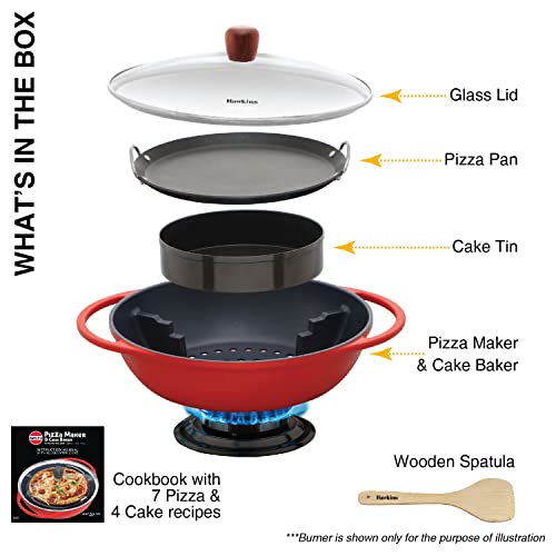 Hawkins Diecast 30 cm Nonstick Pizza Maker and Cake Baker with Glass Lid, Gas Oven, Pizza Oven Toaster Griller Tandoor Barbecue, Cake Baking Pan, Red (PIZZA)