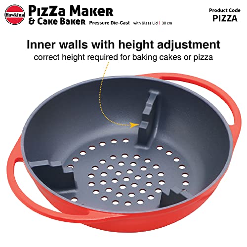 Hawkins Diecast 30 cm Nonstick Pizza Maker and Cake Baker with Glass Lid, Gas Oven, Pizza Oven Toaster Griller Tandoor Barbecue, Cake Baking Pan, Red (PIZZA)