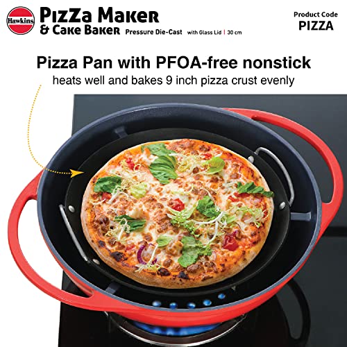 Hawkins Diecast 30 cm Nonstick Pizza Maker and Cake Baker with Glass Lid, Gas Oven, Pizza Oven Toaster Griller Tandoor Barbecue, Cake Baking Pan, Red (PIZZA)
