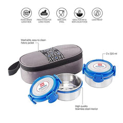 CELLO MF Ultra Lunch Box Set of 2, 640ml, Blue | Lunch Boxes with 4-Sided Click Lock | Tiffin Box with Jacket and Steel Fork & Spoon | Healthy and Portable Meals for Office, School, Outdoor