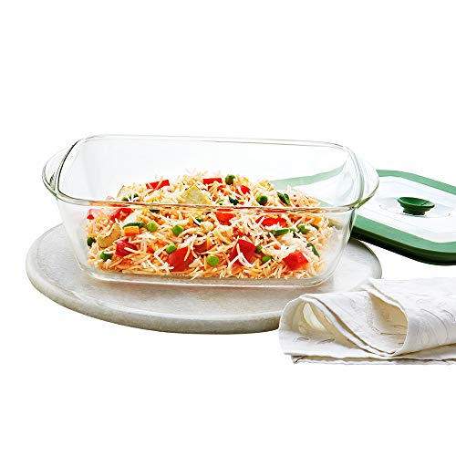 Borosil 2600ml Baking & Serving Square Shape Dish with Handle & Green Lid | Borosilicate Glass Bakeware and Serveware Casserole Dish Tray | Microwave, Oven & Dishwasher Safe Bowl | Transparent