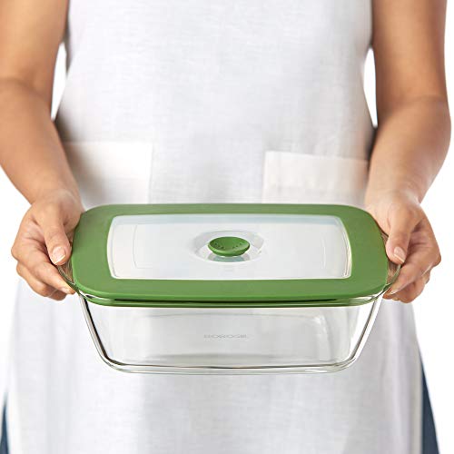 Borosil 2600ml Baking & Serving Square Shape Dish with Handle & Green Lid | Borosilicate Glass Bakeware and Serveware Casserole Dish Tray | Microwave, Oven & Dishwasher Safe Bowl | Transparent