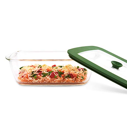 Borosil 2600ml Baking & Serving Square Shape Dish with Handle & Green Lid | Borosilicate Glass Bakeware and Serveware Casserole Dish Tray | Microwave, Oven & Dishwasher Safe Bowl | Transparent