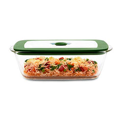 Borosil 2600ml Baking & Serving Square Shape Dish with Handle & Green Lid | Borosilicate Glass Bakeware and Serveware Casserole Dish Tray | Microwave, Oven & Dishwasher Safe Bowl | Transparent