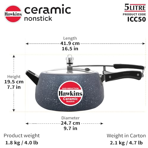 Hawkins 5 Litre Ceramic Nonstick Pressure Cooker, Induction Inner Lid Cooker, Granite Contura shaped Cooker, Blue (ICC50)