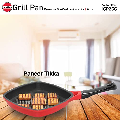 Hawkins 26 cm Grill Pan, Non Stick Die Cast Grilling Pan with Glass Lid, Square Grill Pan for Gas Stove, Ceramic Coated Pan, Red (IGP26G)