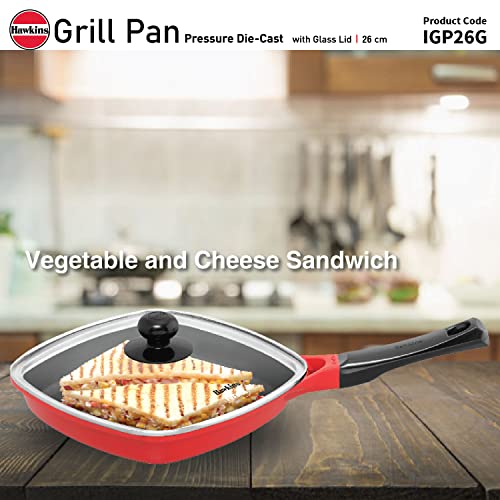 Hawkins 26 cm Grill Pan, Non Stick Die Cast Grilling Pan with Glass Lid, Square Grill Pan for Gas Stove, Ceramic Coated Pan, Red (IGP26G)