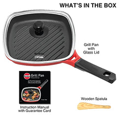Hawkins 26 cm Grill Pan, Non Stick Die Cast Grilling Pan with Glass Lid, Square Grill Pan for Gas Stove, Ceramic Coated Pan, Red (IGP26G)