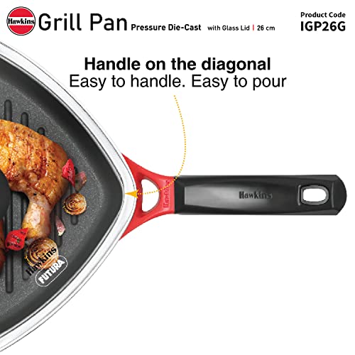 Hawkins 26 cm Grill Pan, Non Stick Die Cast Grilling Pan with Glass Lid, Square Grill Pan for Gas Stove, Ceramic Coated Pan, Red (IGP26G)
