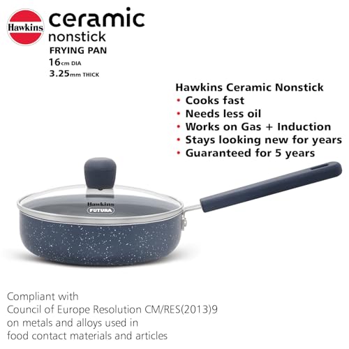 Hawkins Ceramic Nonstick 2.5 Litre Deep Kadhai, Induction Deep Fry Pan with Glass Lid, Granite Kadai (ICK25G)