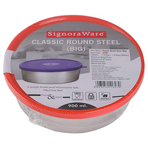 Signoraware Classic Round Big Steel Lunch Box, 900ml, 1 Piece