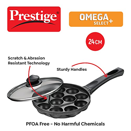 Prestige Non-Stick 12 Pits Paniyarakkal 24cm with Glass Lid | Appe Patra | Appe Maker | Omega Select Plus | PFOA Free | Metal Spoon Friendly | Sturdy Handle | 1Y Warranty | ISI Certified