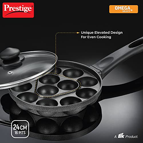 Prestige Non-Stick 12 Pits Paniyarakkal 24cm with Glass Lid | Appe Patra | Appe Maker | Omega Select Plus | PFOA Free | Metal Spoon Friendly | Sturdy Handle | 1Y Warranty | ISI Certified