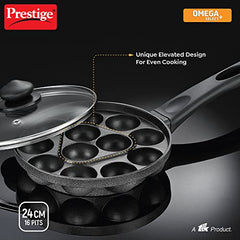 Prestige Non-Stick 12 Pits Paniyarakkal 24cm with Glass Lid | Appe Patra | Appe Maker | Omega Select Plus | PFOA Free | Metal Spoon Friendly | Sturdy Handle | 1Y Warranty | ISI Certified