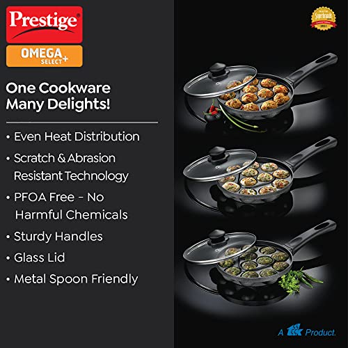 Prestige Non-Stick 12 Pits Paniyarakkal 24cm with Glass Lid | Appe Patra | Appe Maker | Omega Select Plus | PFOA Free | Metal Spoon Friendly | Sturdy Handle | 1Y Warranty | ISI Certified