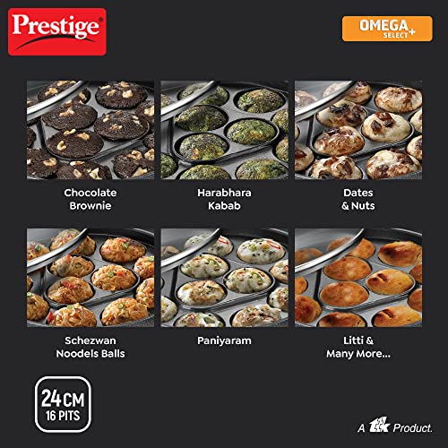 Prestige Non-Stick 12 Pits Paniyarakkal 24cm with Glass Lid | Appe Patra | Appe Maker | Omega Select Plus | PFOA Free | Metal Spoon Friendly | Sturdy Handle | 1Y Warranty | ISI Certified