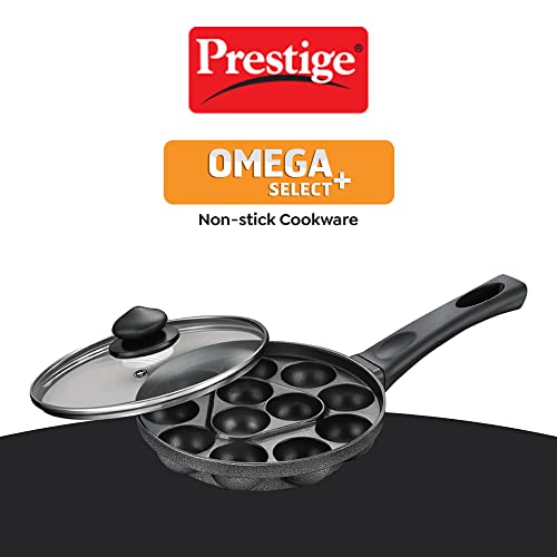Prestige Non-Stick 12 Pits Paniyarakkal 24cm with Glass Lid | Appe Patra | Appe Maker | Omega Select Plus | PFOA Free | Metal Spoon Friendly | Sturdy Handle | 1Y Warranty | ISI Certified