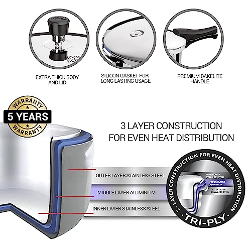 Milton ProCook Triply Pressure Cooker Stainless Steel with Outer Lid, 5 Litres, Induction and Gas Stove Compatible, Gasket Release System, 5 Years Warranty, ISI Certified, Silver