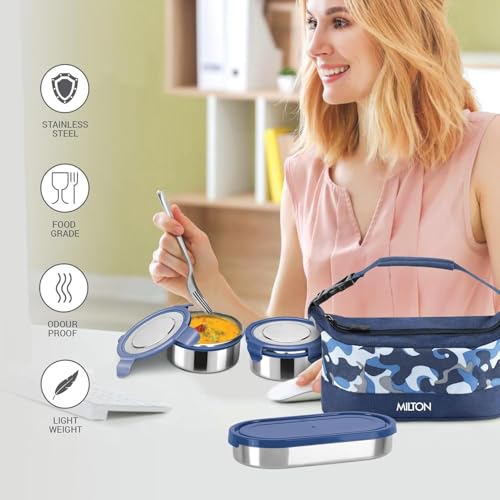 MILTON Camo Delight Stainless Steel Tiffin (2 Click Lock Round Containers, 380 ml Each; 1 Oval Container, 450 ml) with Insulated Jacket, Assorted Colors | Leak & Odour Proof | Office Lunch Box