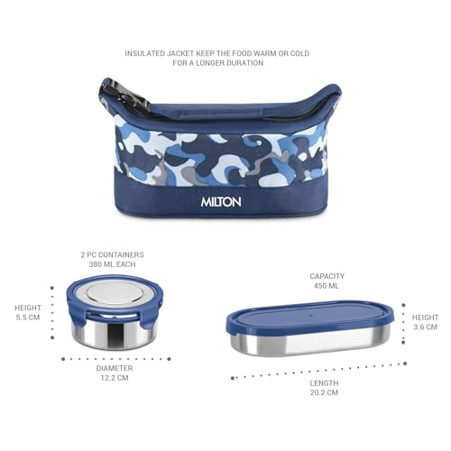 MILTON Camo Delight Stainless Steel Tiffin (2 Click Lock Round Containers, 380 ml Each; 1 Oval Container, 450 ml) with Insulated Jacket, Assorted Colors | Leak & Odour Proof | Office Lunch Box