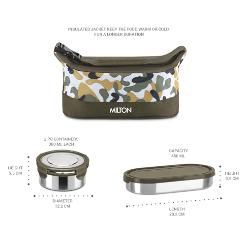 MILTON Camo Delight Stainless Steel Tiffin (2 Click Lock Round Containers, 380 ml Each; 1 Oval Container, 450 ml) with Insulated Jacket, Assorted Colors | Leak & Odour Proof | Office Lunch Box