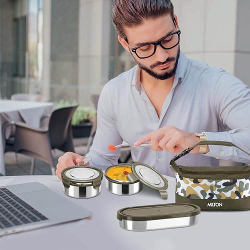 MILTON Camo Delight Stainless Steel Tiffin (2 Click Lock Round Containers, 380 ml Each; 1 Oval Container, 450 ml) with Insulated Jacket, Assorted Colors | Leak & Odour Proof | Office Lunch Box