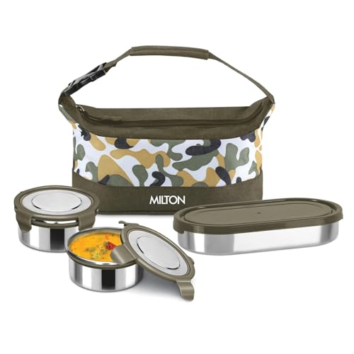 MILTON Camo Delight Stainless Steel Tiffin (2 Click Lock Round Containers, 380 ml Each; 1 Oval Container, 450 ml) with Insulated Jacket, Assorted Colors | Leak & Odour Proof | Office Lunch Box