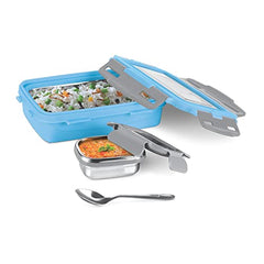 Milton Steely Super Deluxe Insulated Inner Stainless Steel Small Tiffin Box, 400 ml, with Inner Stainless Steel Container, 120 ml and Spoon, Sky Blue | Kids Lunch Box | Easy to Carry | Easy to Clean