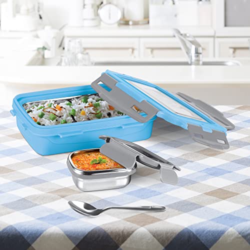 Milton Steely Super Deluxe Insulated Inner Stainless Steel Small Tiffin Box, 400 ml, with Inner Stainless Steel Container, 120 ml and Spoon, Sky Blue | Kids Lunch Box | Easy to Carry | Easy to Clean