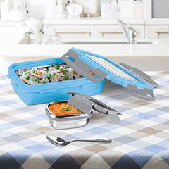 Milton Steely Super Deluxe Insulated Inner Stainless Steel Small Tiffin Box, 400 ml, with Inner Stainless Steel Container, 120 ml and Spoon, Sky Blue | Kids Lunch Box | Easy to Carry | Easy to Clean