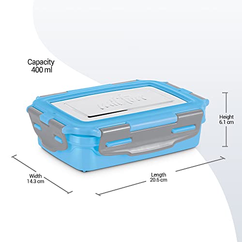 Milton Steely Super Deluxe Insulated Inner Stainless Steel Small Tiffin Box, 400 ml, with Inner Stainless Steel Container, 120 ml and Spoon, Sky Blue | Kids Lunch Box | Easy to Carry | Easy to Clean