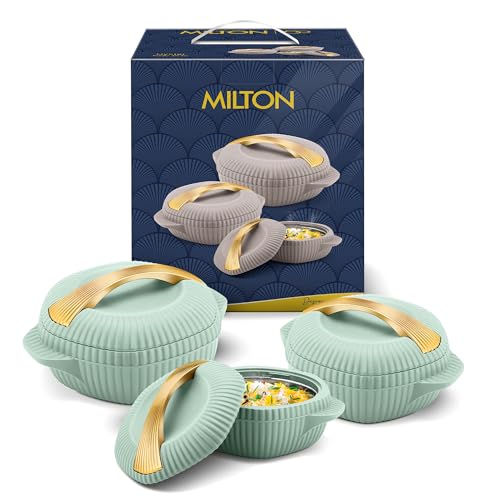 MILTON plastic Oyster Jr. Gift Set PU Insulated Casserole, Set of 3 (455 ml, 860 ml, 1275 ml), Light Green, BPA Free, Food Grade, Hot and Cold, Easy to Carry, Easy to Store, Chapati, Roti, Curd Maker