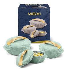 MILTON plastic Oyster Jr. Gift Set PU Insulated Casserole, Set of 3 (455 ml, 860 ml, 1275 ml), Light Green, BPA Free, Food Grade, Hot and Cold, Easy to Carry, Easy to Store, Chapati, Roti, Curd Maker