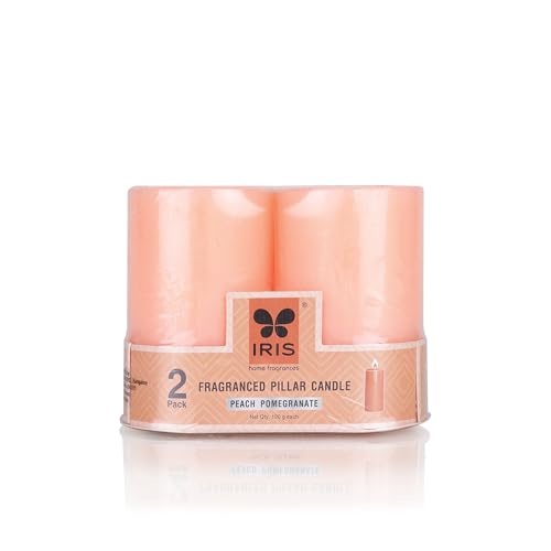 IRIS Peach & Pomegranate Fragranced Pillar Candles Set of 2 - Premium Aromatherapy Candles for Relaxation, Long-Lasting Burn, Elegant Home Décor, Ideal for Gifting