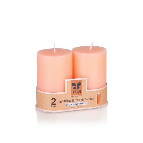 IRIS Peach & Pomegranate Fragranced Pillar Candles Set of 2 - Premium Aromatherapy Candles for Relaxation, Long-Lasting Burn, Elegant Home Décor, Ideal for Gifting
