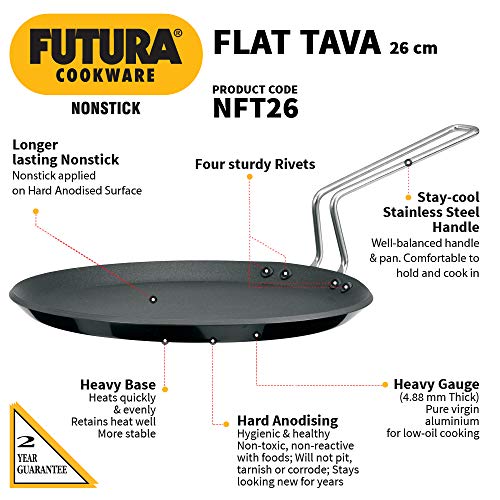 Hawkins Futura 26 cm Flat Tava, Non Stick Tawa with Stainless Steel Handle, Tawa with Rim, Pancake Pan, Flat Pan, Black (NFT26)