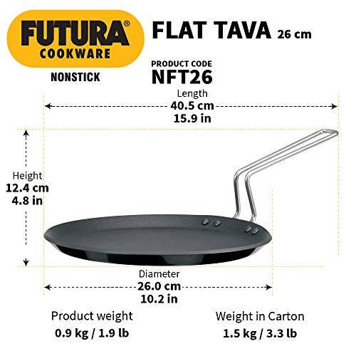 Hawkins Futura 26 cm Flat Tava, Non Stick Tawa with Stainless Steel Handle, Tawa with Rim, Pancake Pan, Flat Pan, Black (NFT26)