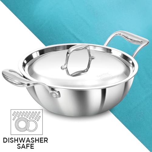 Hawkins Pro 3.5 Litre Deep-Fry Pan, Triply Stainless Steel Kadhai with Stainless Steel Handles and Stainless Steel Lid, Silver (PSK35S)