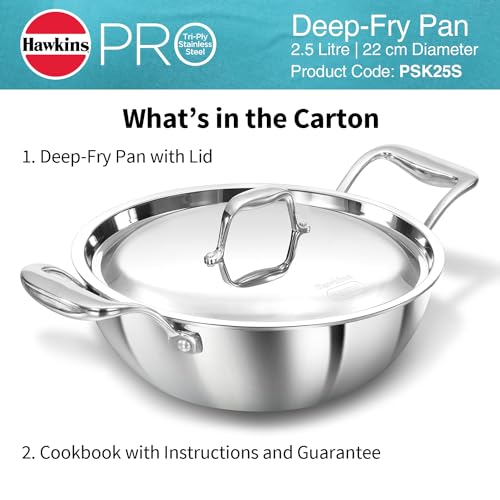 Hawkins Pro 3.5 Litre Deep-Fry Pan, Triply Stainless Steel Kadhai with Stainless Steel Handles and Stainless Steel Lid, Silver (PSK35S)