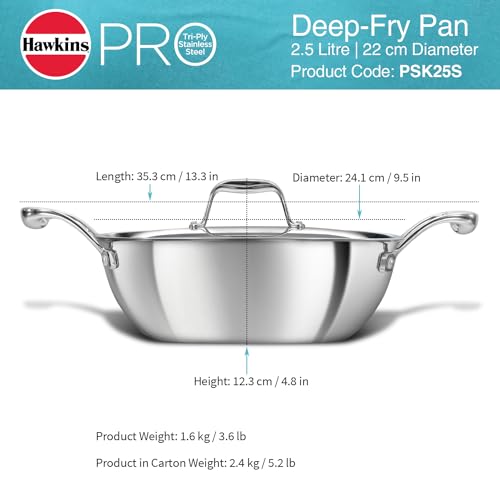 Hawkins Pro 3.5 Litre Deep-Fry Pan, Triply Stainless Steel Kadhai with Stainless Steel Handles and Stainless Steel Lid, Silver (PSK35S)