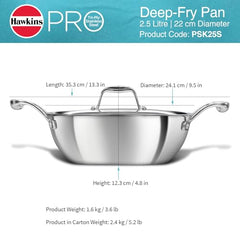 Hawkins Pro 3.5 Litre Deep-Fry Pan, Triply Stainless Steel Kadhai with Stainless Steel Handles and Stainless Steel Lid, Silver (PSK35S)