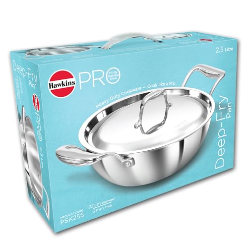 Hawkins Pro 3.5 Litre Deep-Fry Pan, Triply Stainless Steel Kadhai with Stainless Steel Handles and Stainless Steel Lid, Silver (PSK35S)