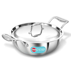 Hawkins Pro 3.5 Litre Deep-Fry Pan, Triply Stainless Steel Kadhai with Stainless Steel Handles and Stainless Steel Lid, Silver (PSK35S)