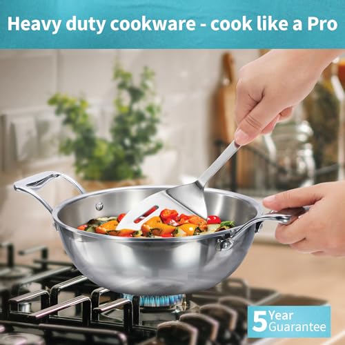 Hawkins Pro 3.5 Litre Deep-Fry Pan, Triply Stainless Steel Kadhai with Stainless Steel Handles and Stainless Steel Lid, Silver (PSK35S)