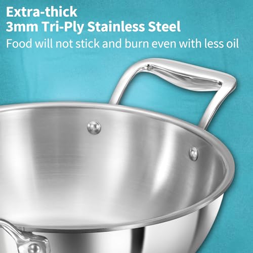 Hawkins Pro 3.5 Litre Deep-Fry Pan, Triply Stainless Steel Kadhai with Stainless Steel Handles and Stainless Steel Lid, Silver (PSK35S)