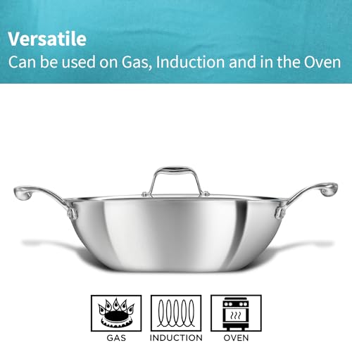 Hawkins Pro 3.5 Litre Deep-Fry Pan, Triply Stainless Steel Kadhai with Stainless Steel Handles and Stainless Steel Lid, Silver (PSK35S)