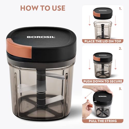 Borosil EazyPull Chopper with 6 Blades, Pull Chopper with Durable String, Mini Chopper for Kitchen, for Chopping Vegetables, Leafy Greens & Herbs, BPA-Free, Unbreakable 900 ml Chopping Bowl