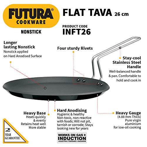 Hawkins Futura 26 cm Flat Tava, Non Stick Tawa with Stainless Steel Handle, Tawa with Rim, Pancake Pan, Flat Pan, Black (NFT26)